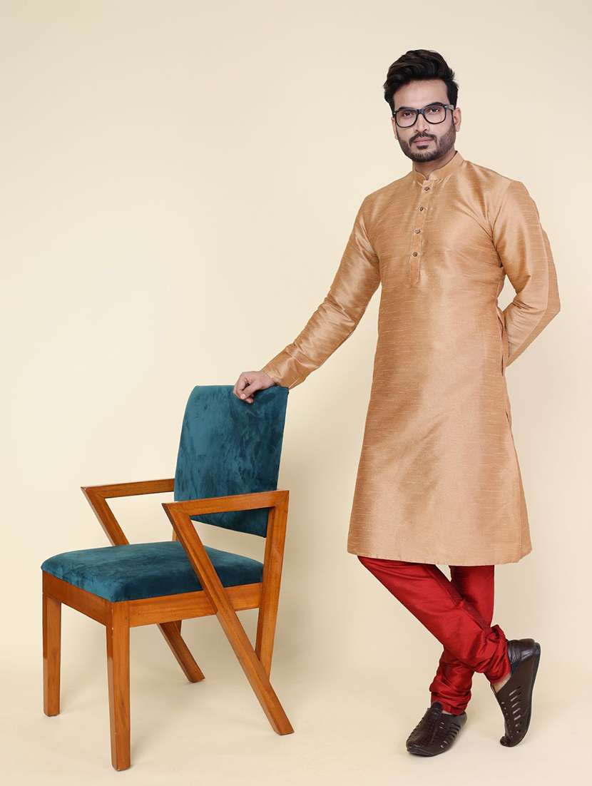 men solid mandarin neck kurta churidar ethnic wear set