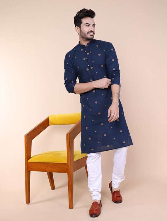 men printed mandarin neck kurta churidar ethnic wear set