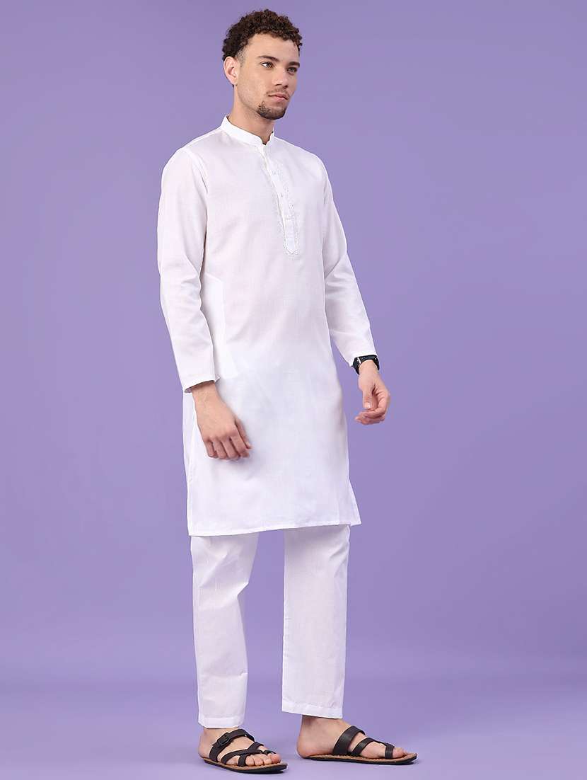 White Cotton Kurta Pyjama Ethnic Wear - 22336631 -  Standard Image - 2