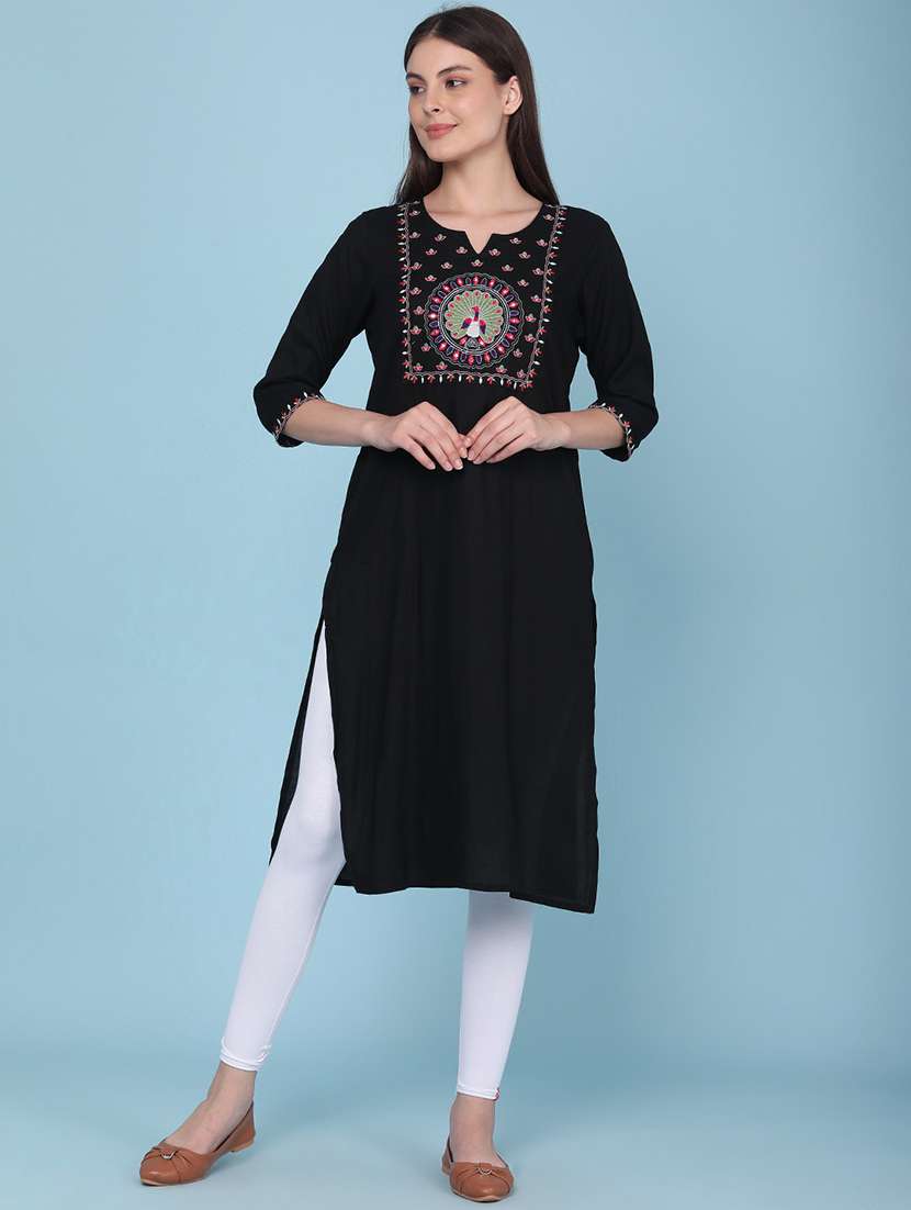 women embroidered three quarter sleeves straight kurta - 22336721 -  Standard Image - 2