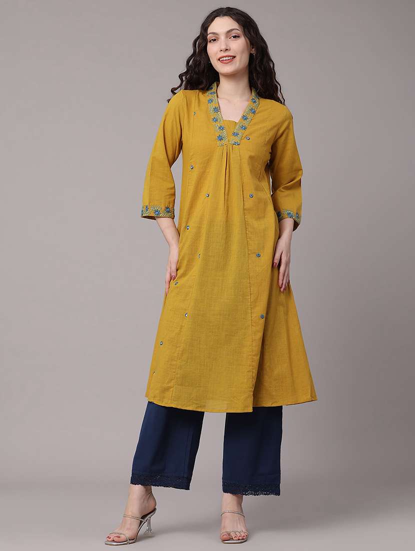 women embroidered three quarter sleeves a-line kurta - 22336723 -  Standard Image - 2