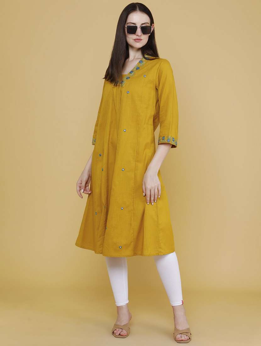 women embroidered three quarter sleeve a-line kurta