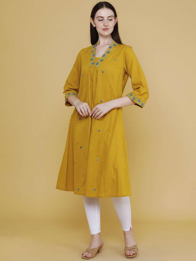 women embroidered three quarter sleeve a-line kurta - 22336724 -  Standard Image - 2
