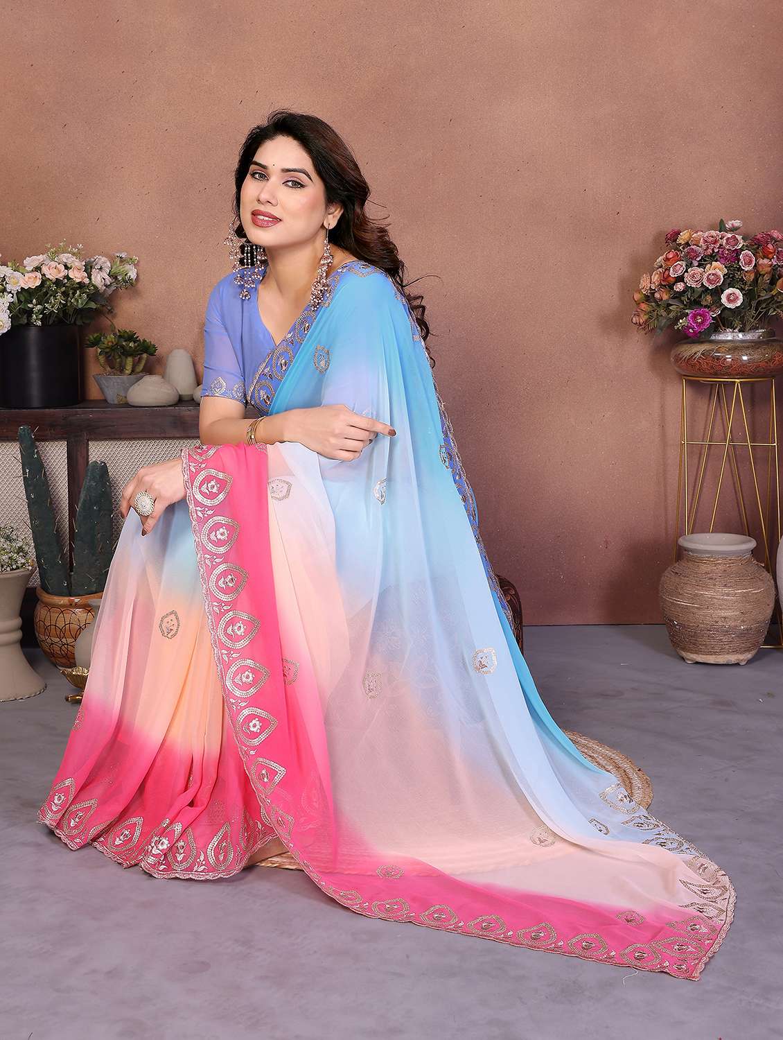 Women Ombre Embroidered Saree With Blouse - 22337250 -  Standard Image - 2