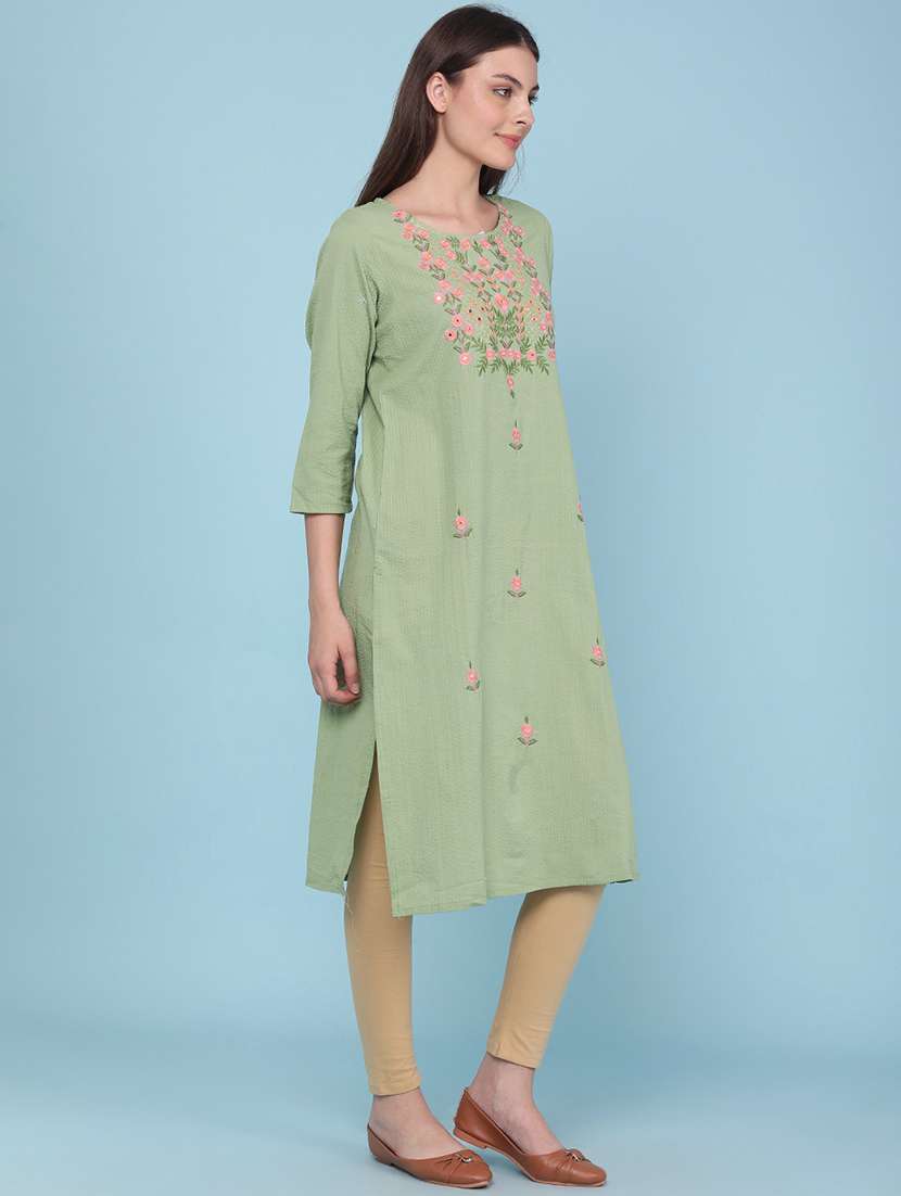 women embroidered three quarter sleeves kurta - 22337363 -  Standard Image - 2