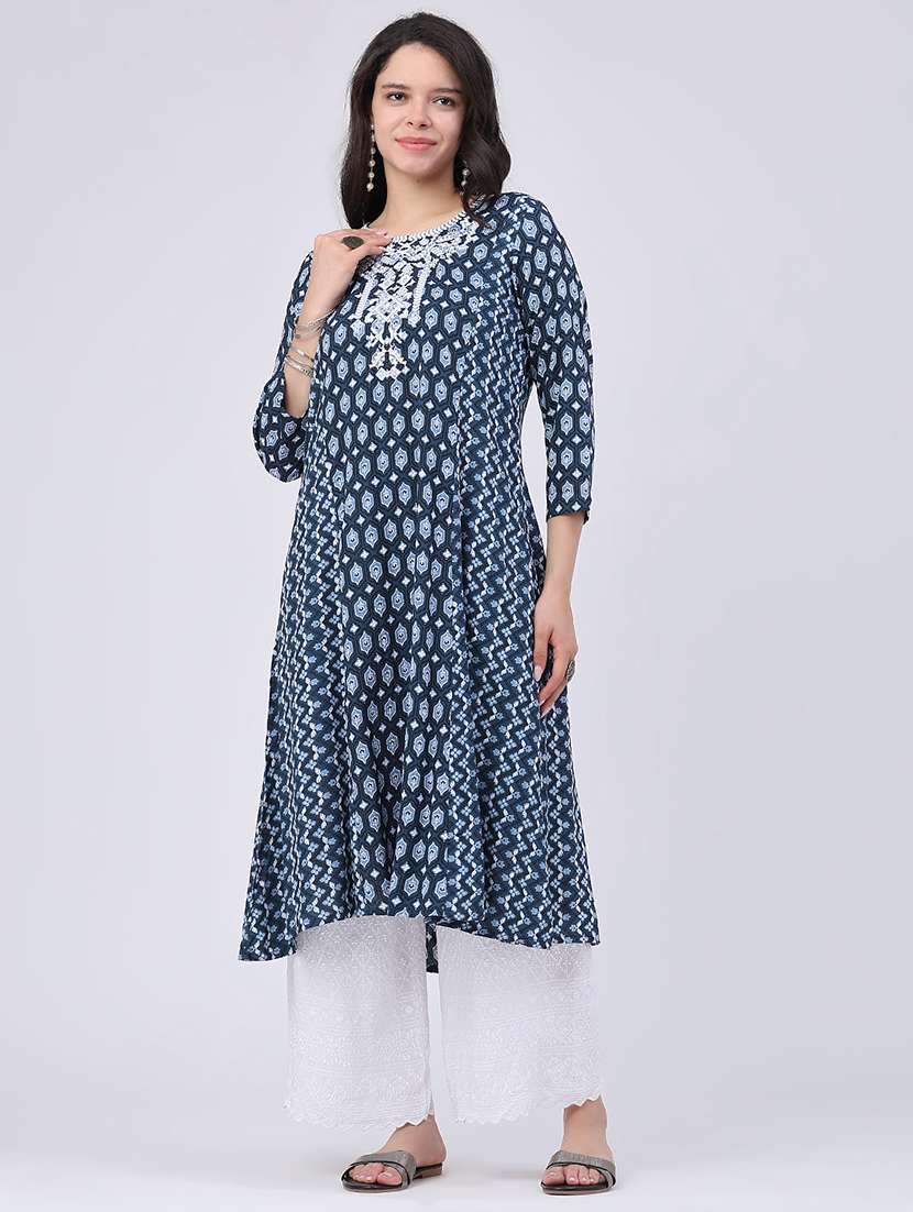 women printed three quarter sleeves a-line kurta - 22337364 -  Standard Image - 2