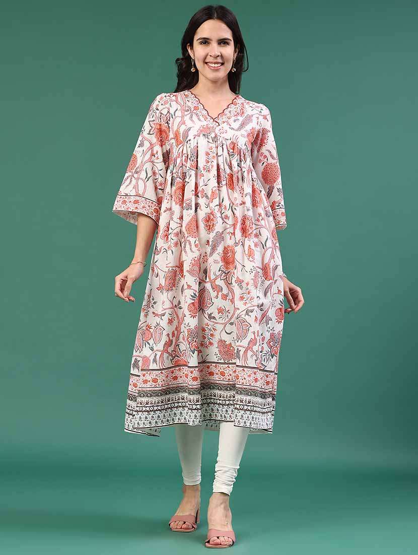 women printed three quarter sleeves a-line kurta - 22337365 -  Standard Image - 2