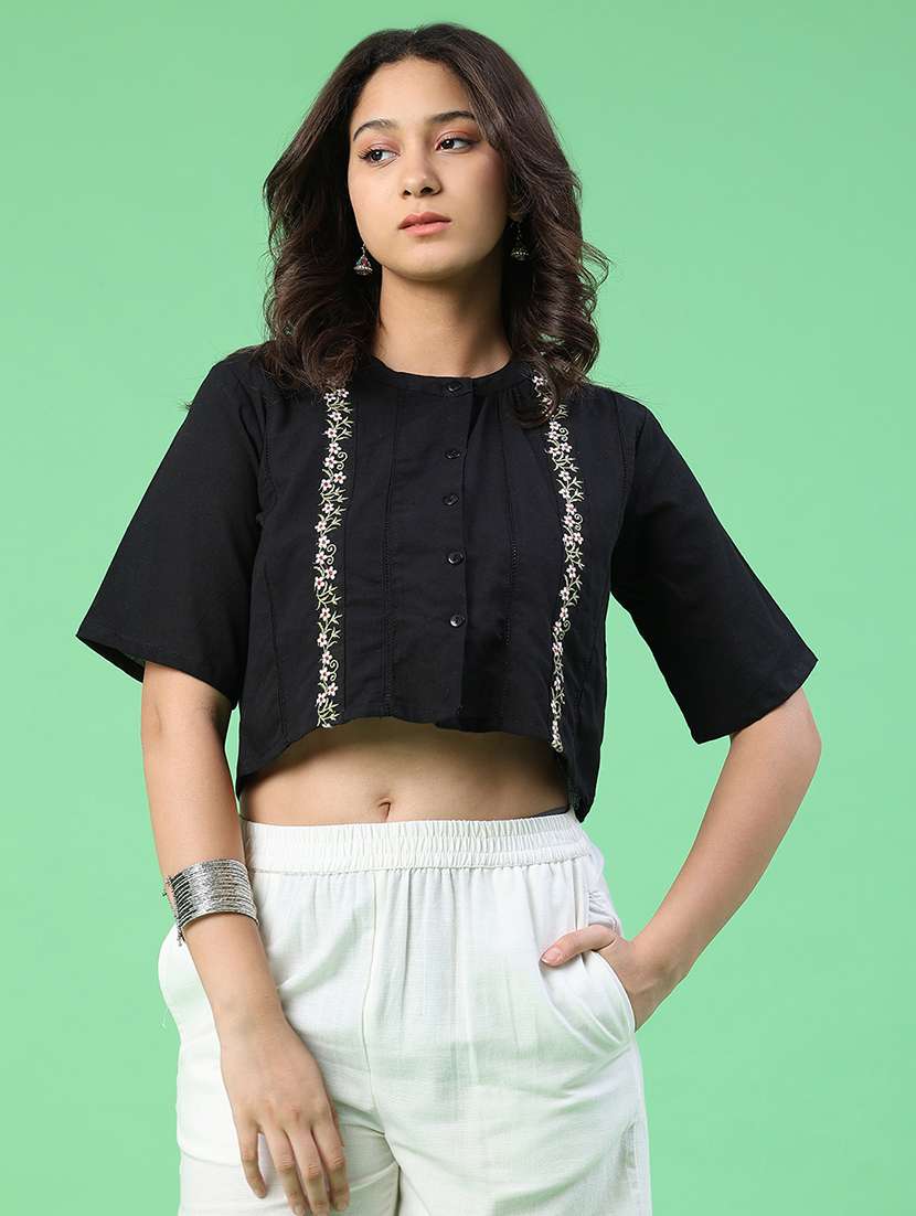 women embroidered short sleeves crop top - 22337472 -  Standard Image - 2