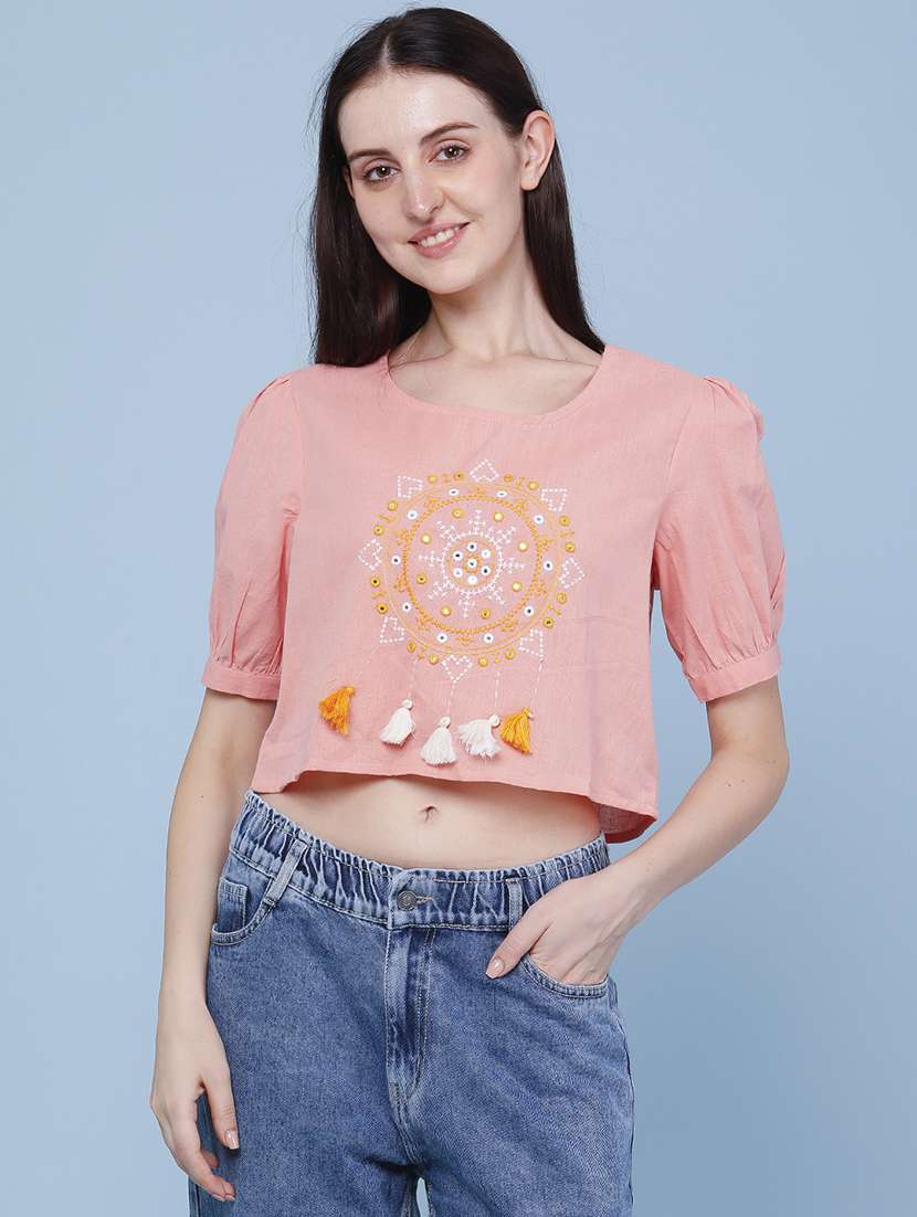 women embroidered short sleeves crop top - 22337473 -  Standard Image - 2