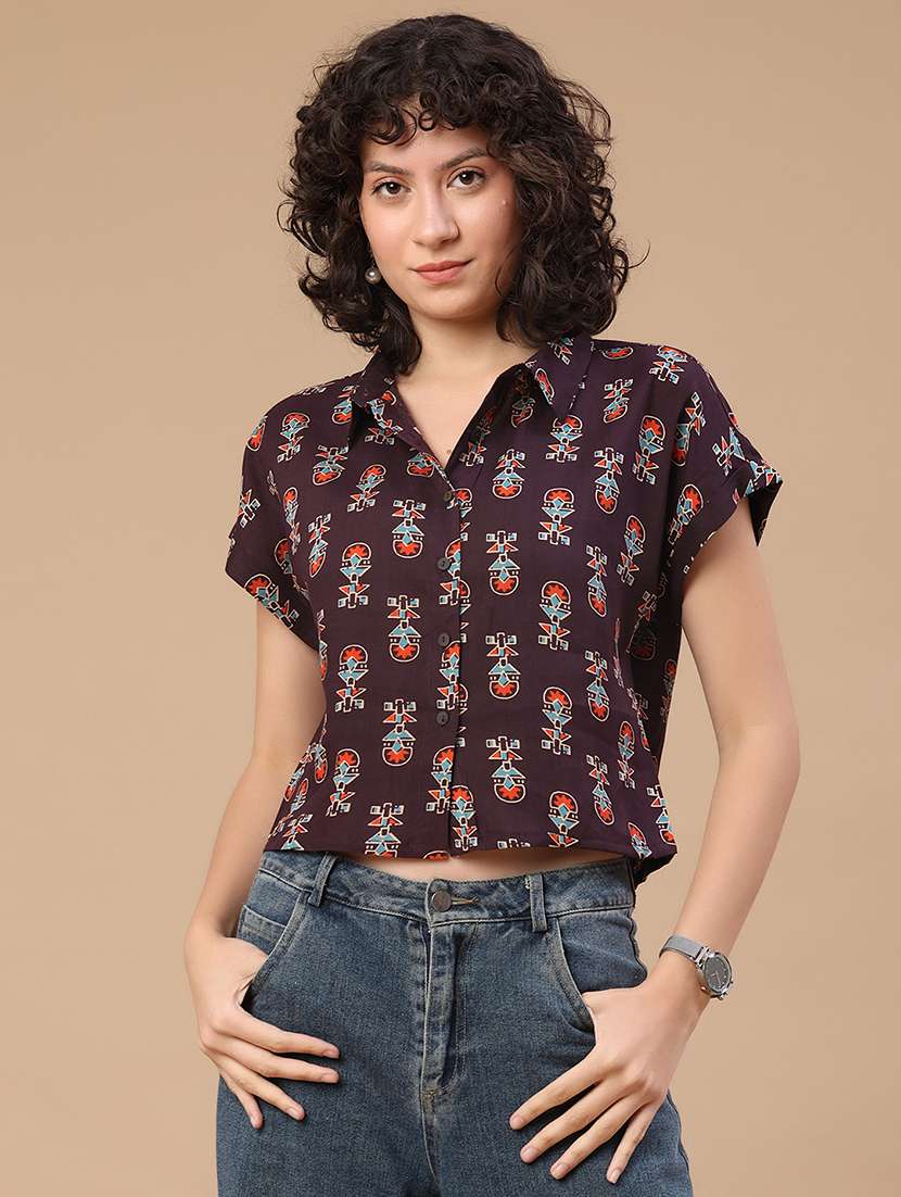 women printed short sleeves shirt style top - 22337474 -  Standard Image - 2