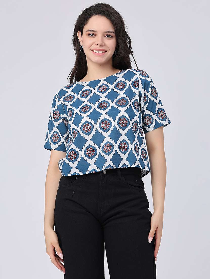 women printed round neck crop top - 22337475 -  Standard Image - 2