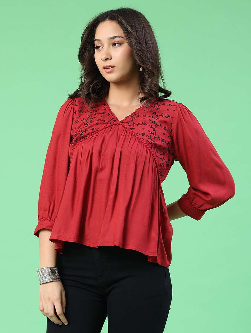 women embroidered three quarter sleeves a-line top - 22337477 -  Standard Image - 2