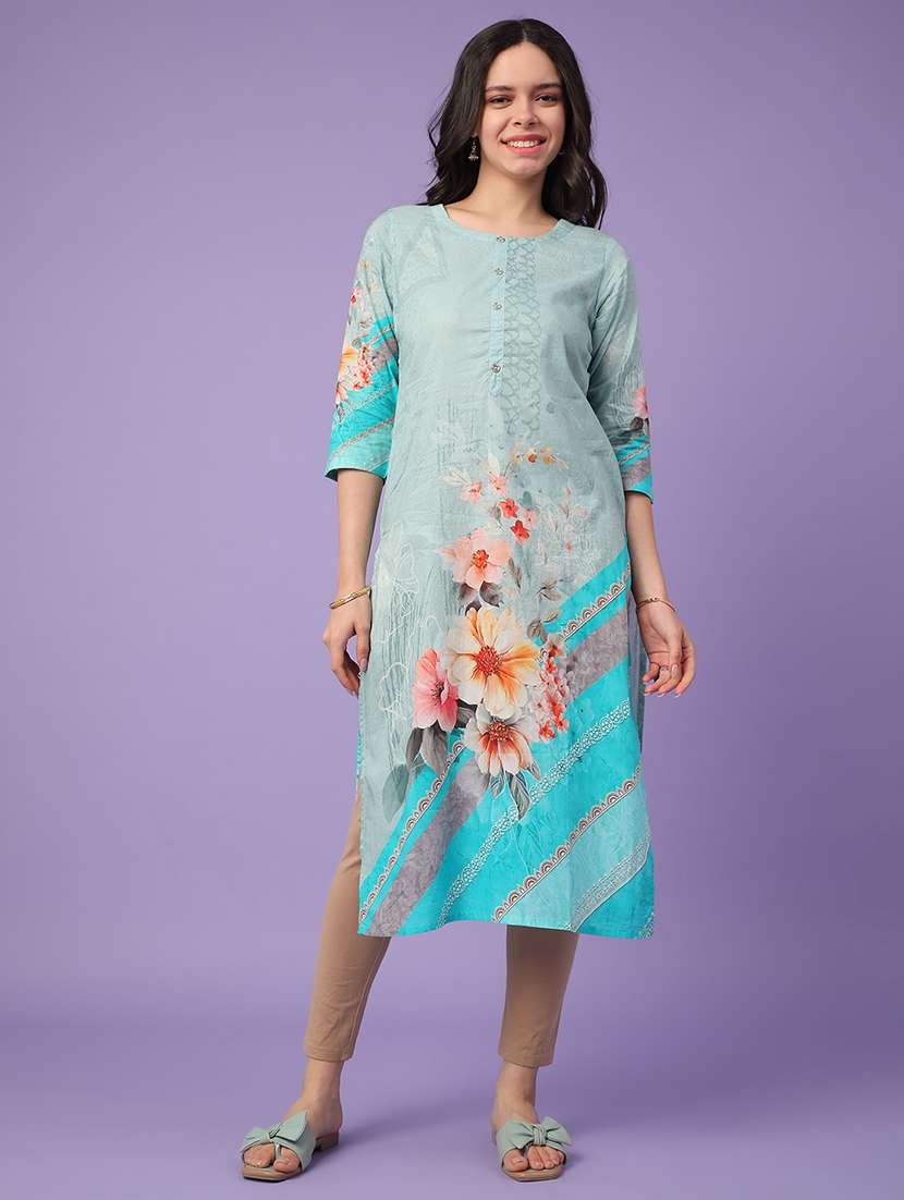 Blue Cotton Straight Kurta - 22337485 -  Standard Image - 2