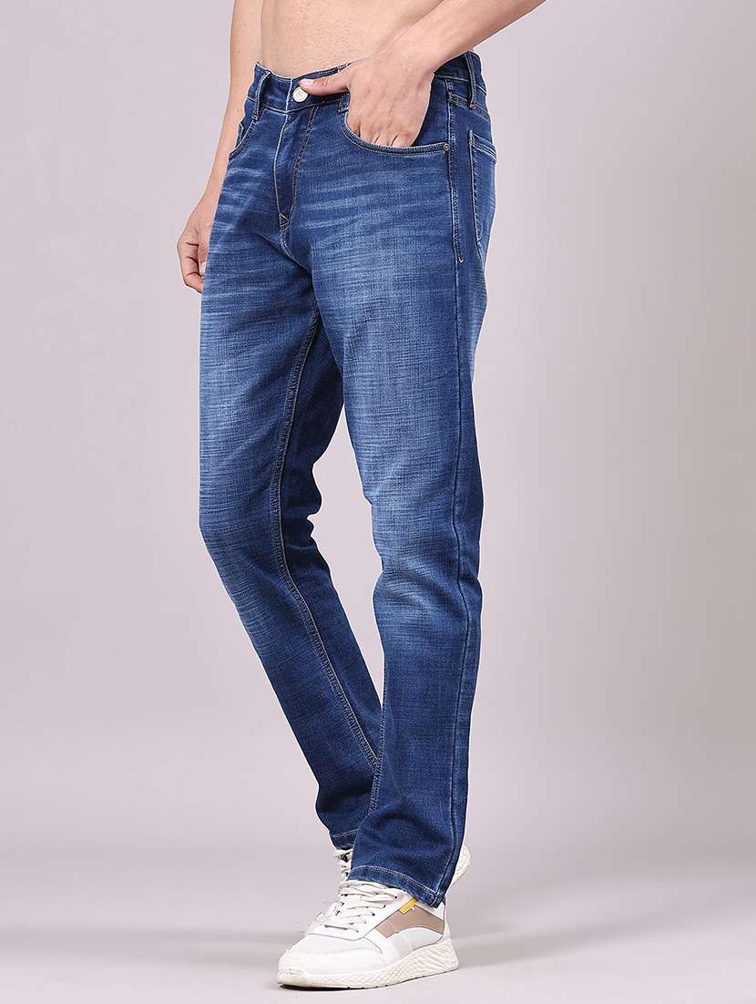 men washed mid rise full length jeans