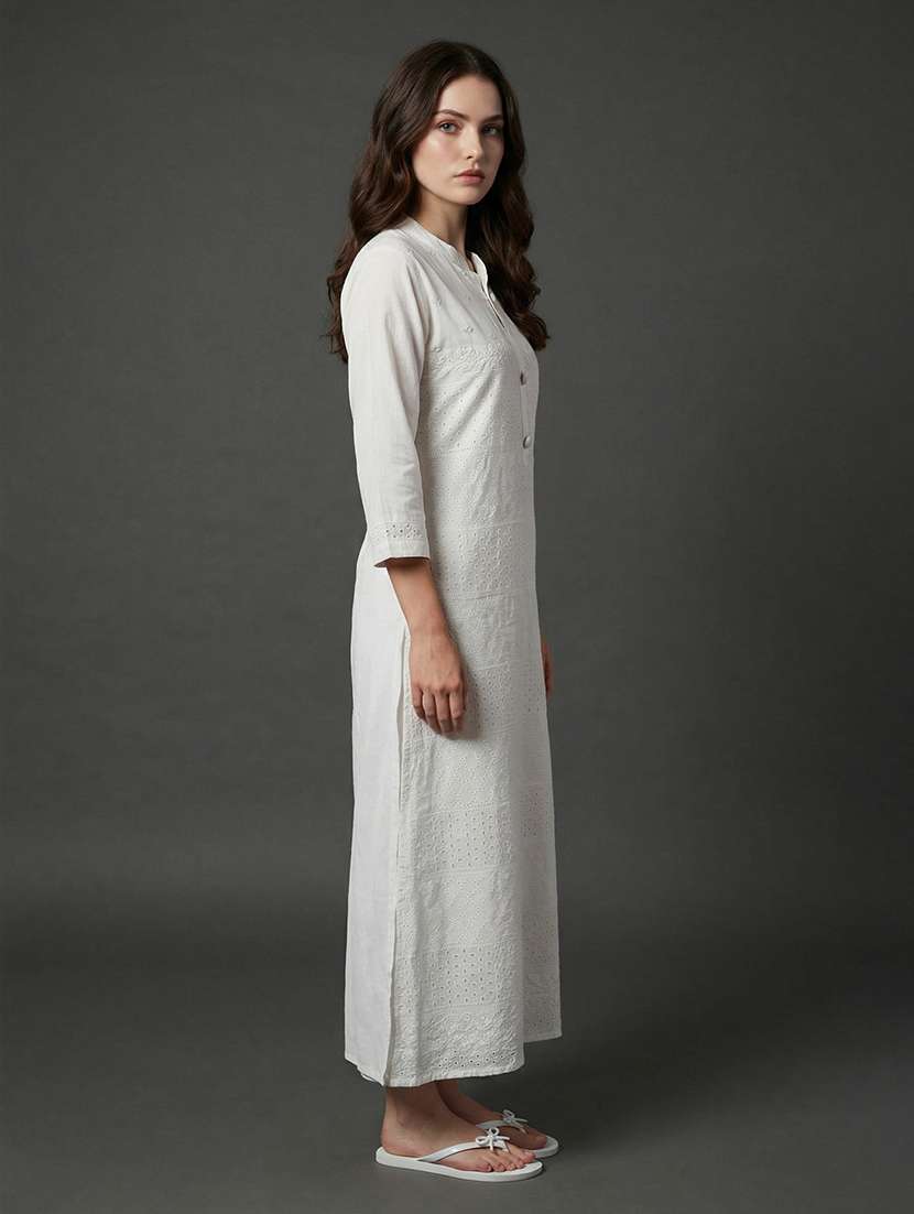 women solid with work three quarter sleeve straight kurta  - 22337769 -  Standard Image - 2