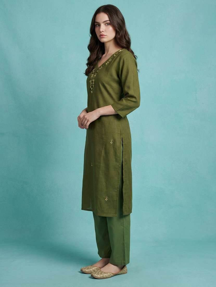 women solid with work three quarter sleeve straight kurta  - 22337770 -  Standard Image - 2