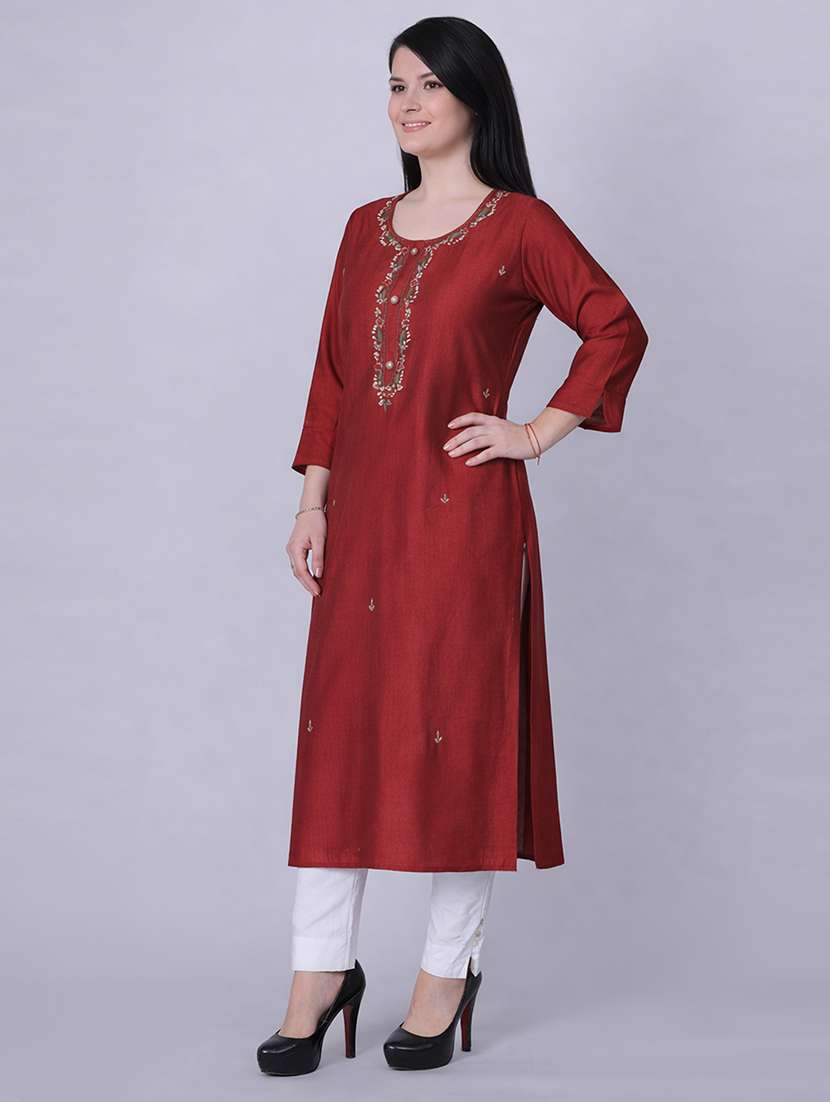 women solid with work three quarter sleeve straight kurta  - 22337773 -  Standard Image - 2