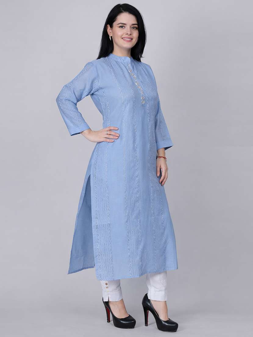 women self design three quarter sleeve straight kurta  - 22337775 -  Standard Image - 2