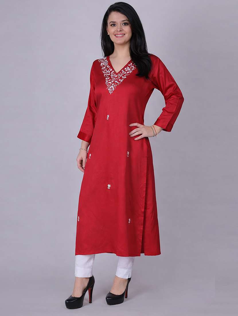 women solid with work three quarter sleeve a-line kurta