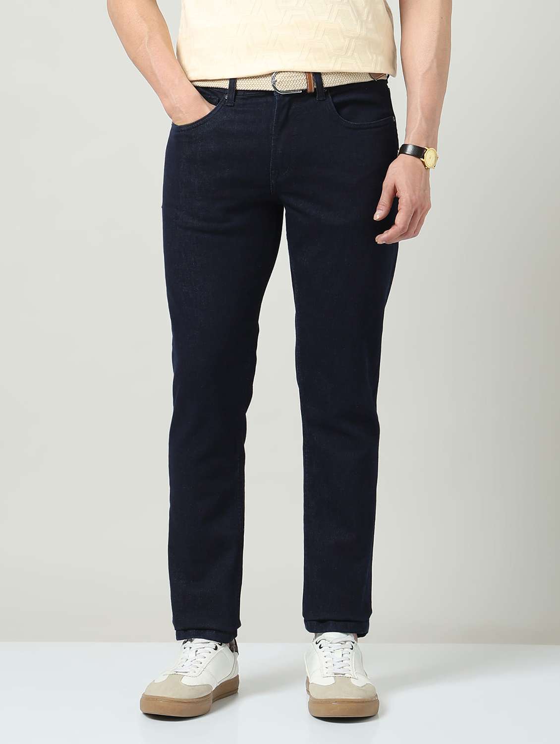 men plain mid rise full length jeans