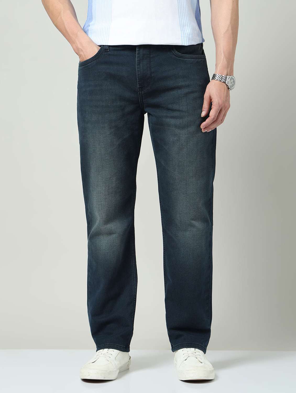 men washed mid rise full length jeans