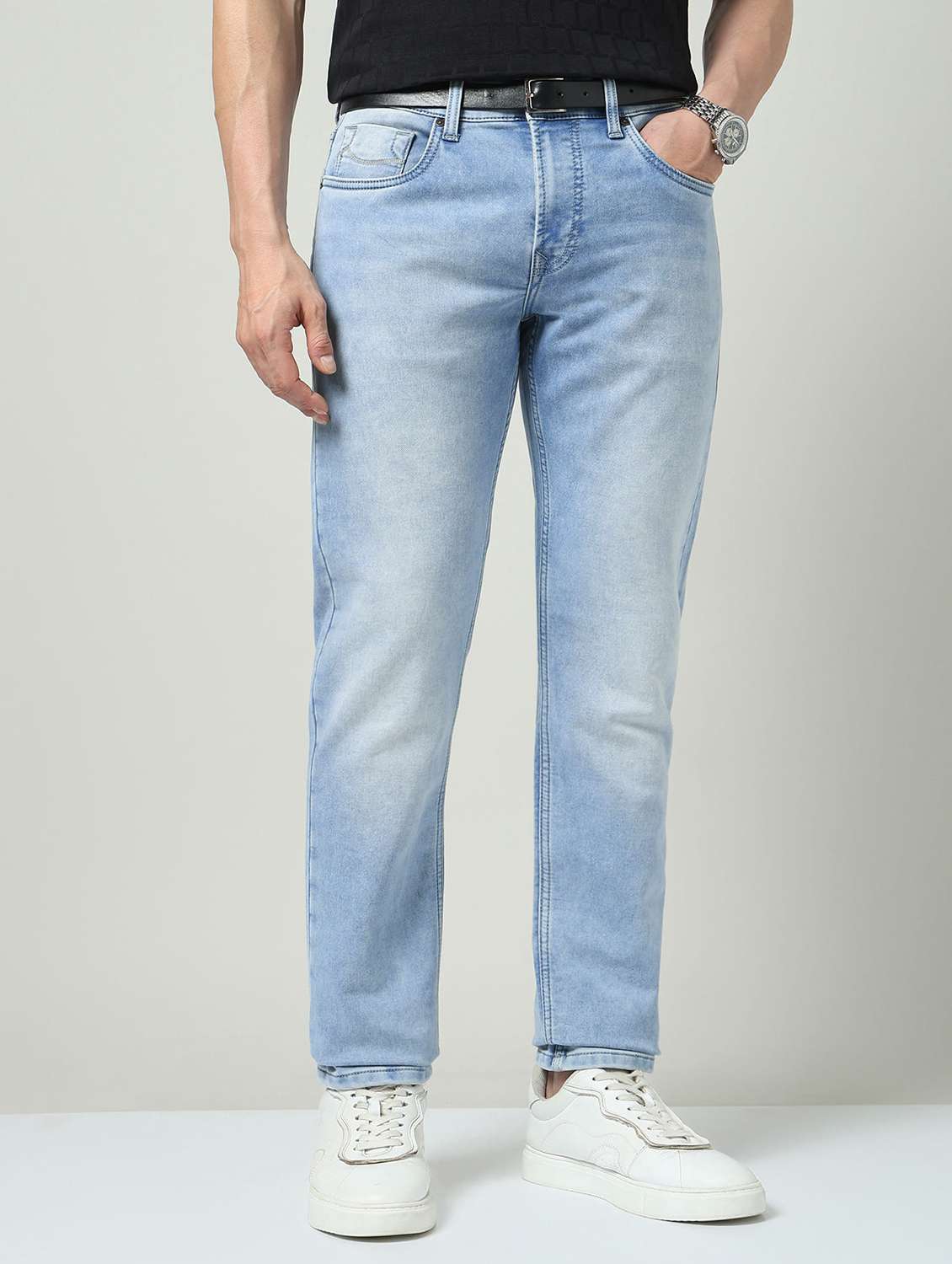 men washed mid rise full length jeans