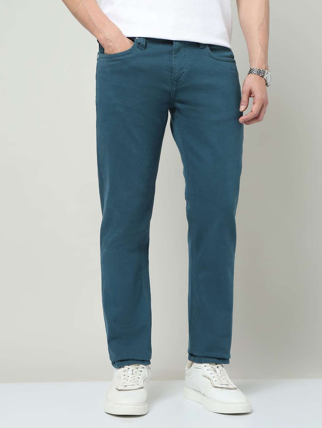 men plain mid rise full length jeans