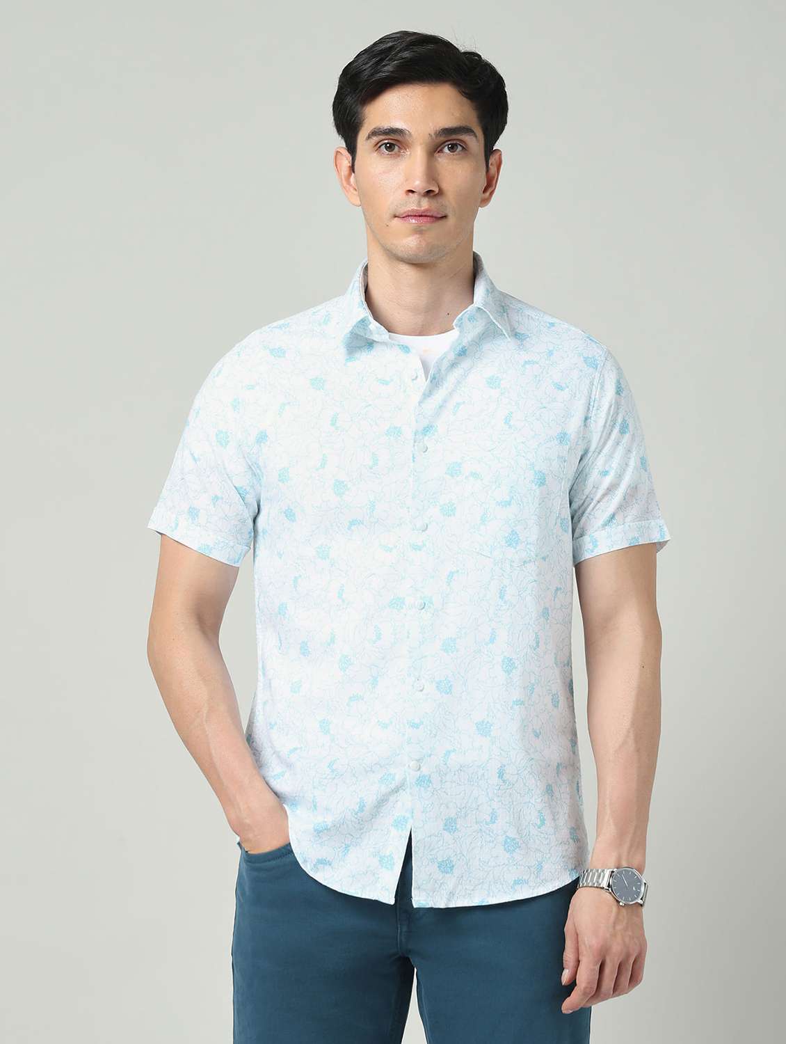 men printed short sleeve slim fit casual shirt