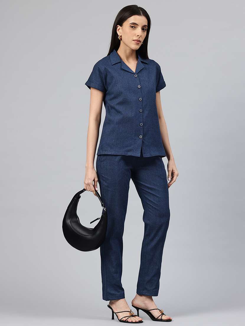 women solid shirt and trouser co-ord set