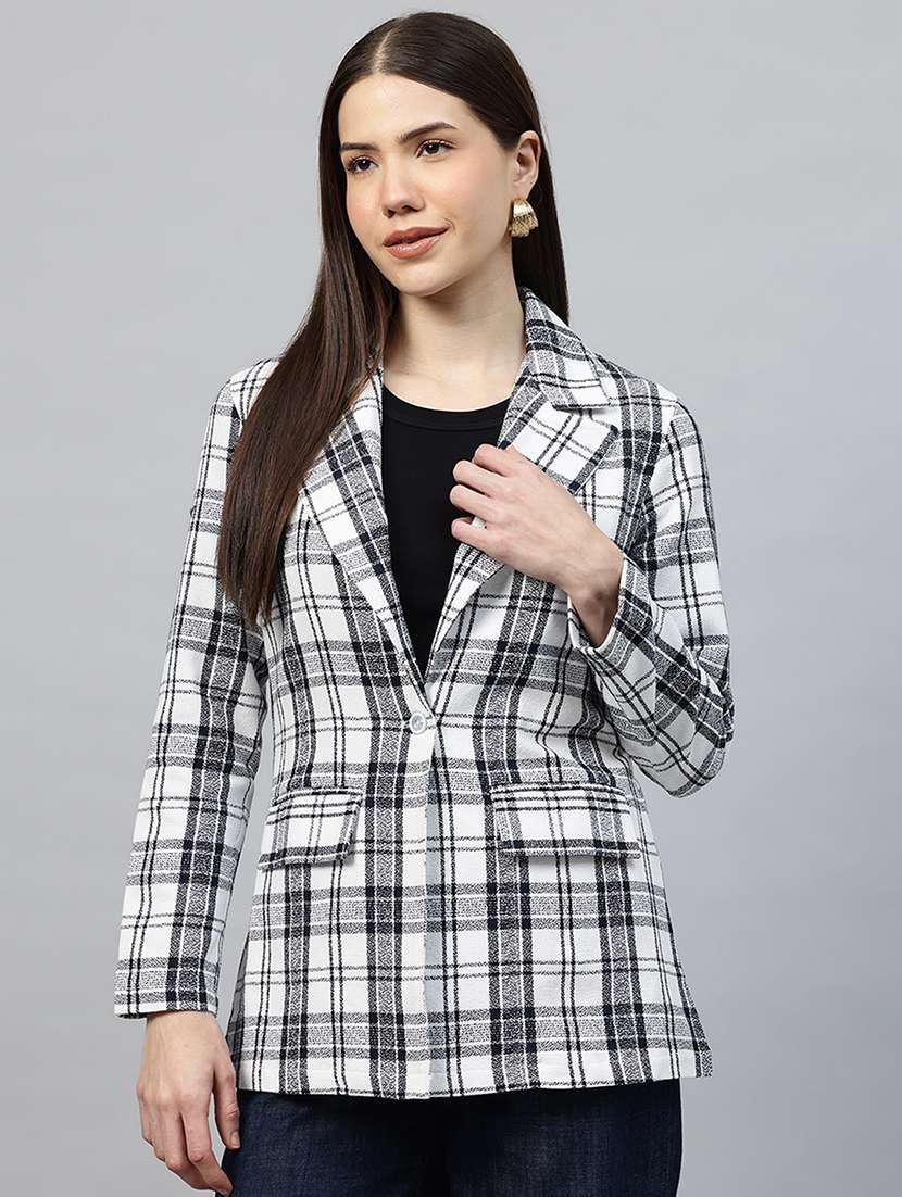 women checkered long sleeve single breasted blazer