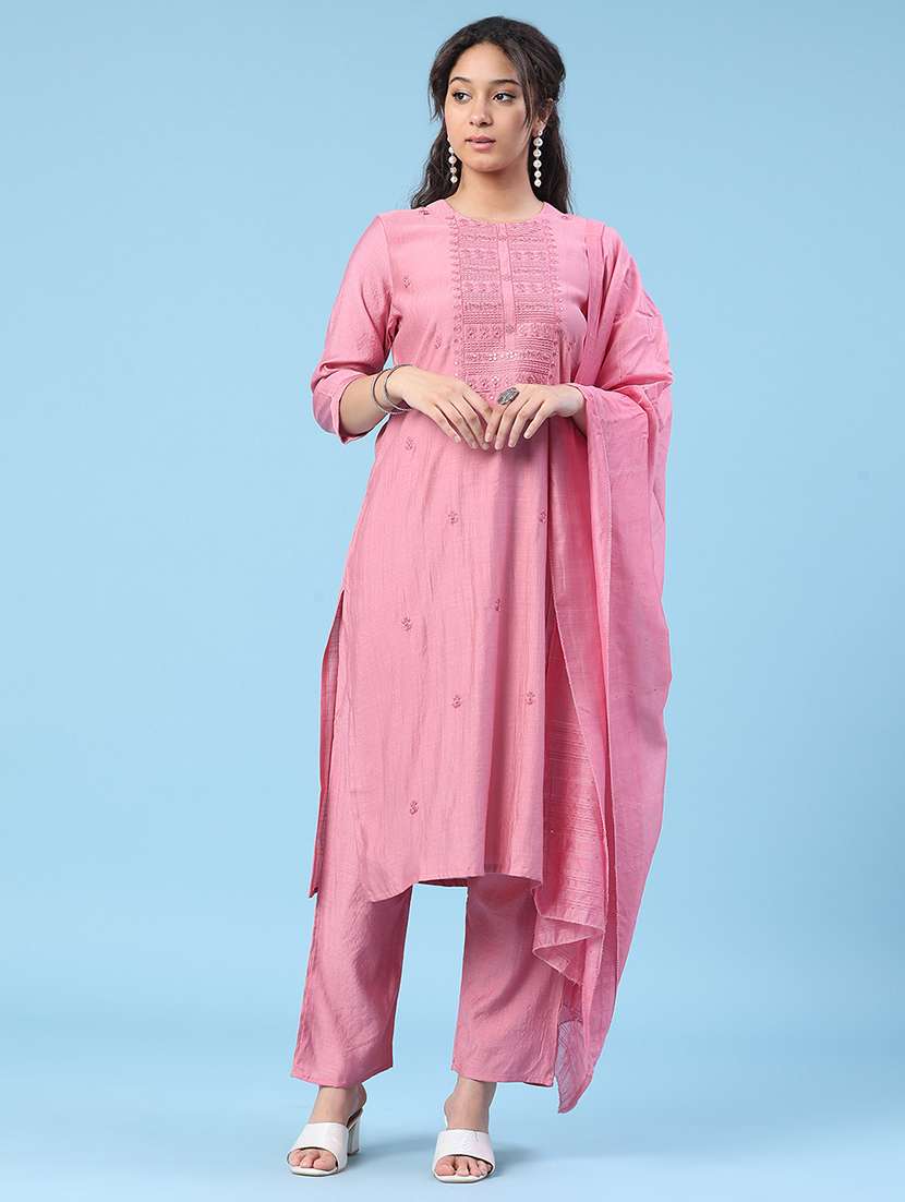women embroidered three quarter sleeve kurta pant with dupatta set - 22338440 -  Standard Image - 2