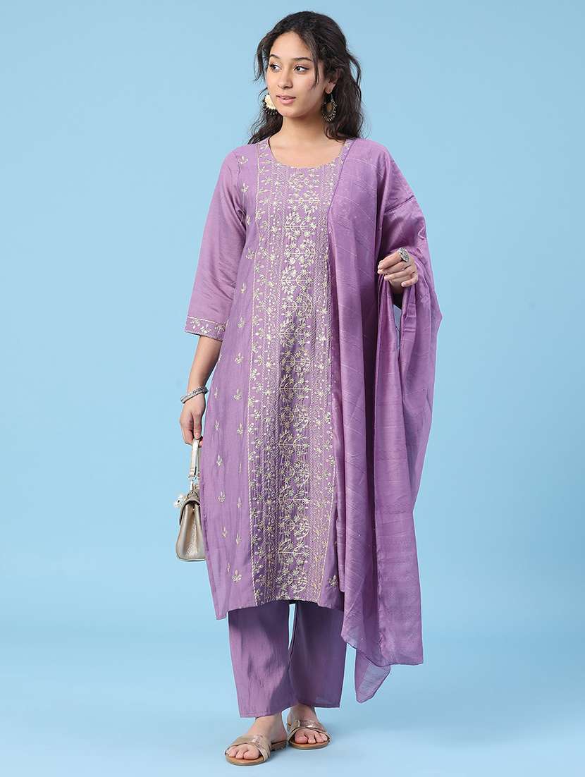 women embroidered three quarter sleeve kurta pant with dupatta set