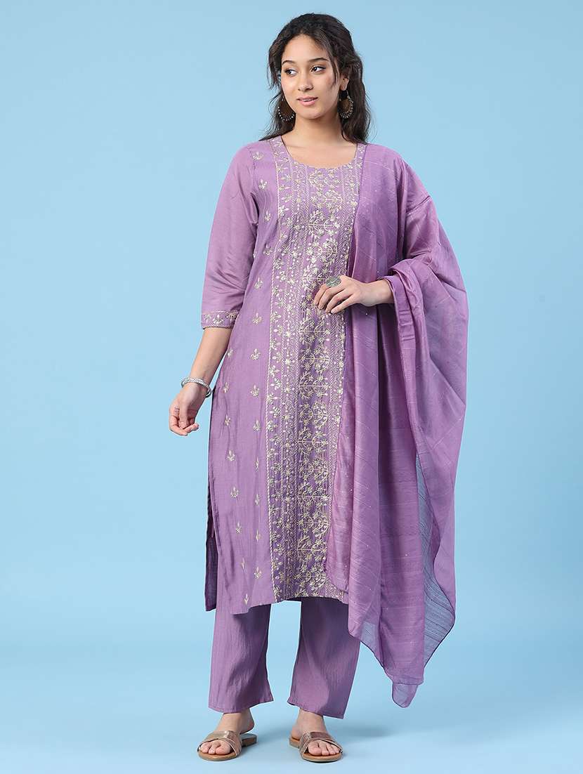 women embroidered three quarter sleeve kurta pant with dupatta set - 22338445 -  Standard Image - 2