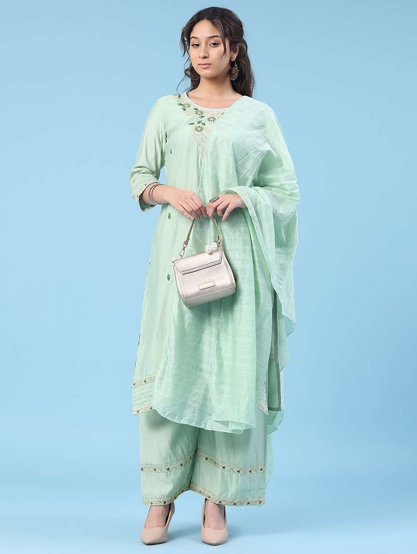 women embroidered three quarter sleeve kurta pant with dupatta set