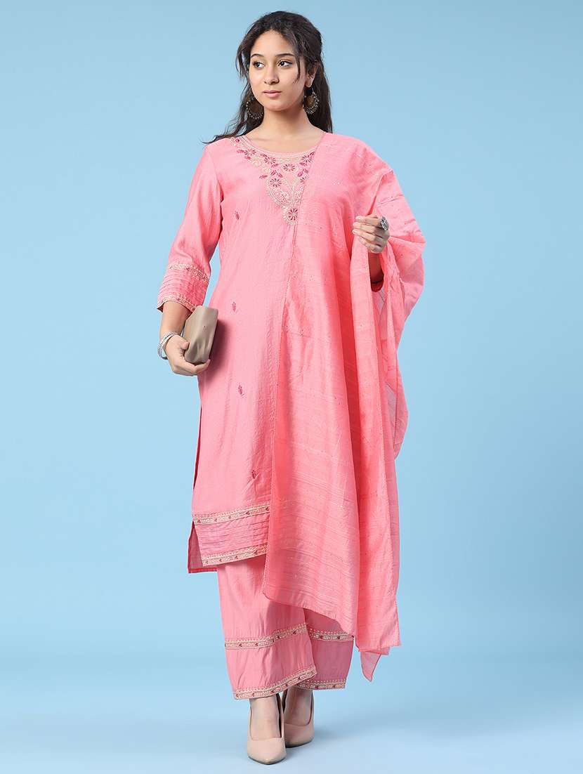 women embroidered three quarter sleeve kurta pant with dupatta set