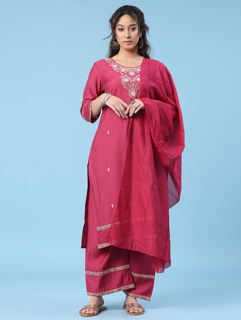 Women Embroidered Three Quarter Sleeve Kurta Pant With Dupatta Set - 22338451 -  Standard Image - 2