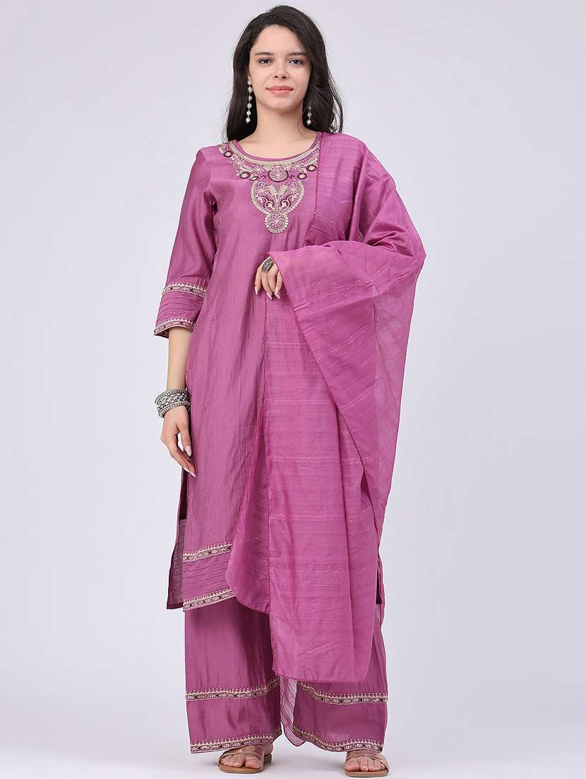 women embroidered three quarter sleeves kurta palazzo set with dupatta
