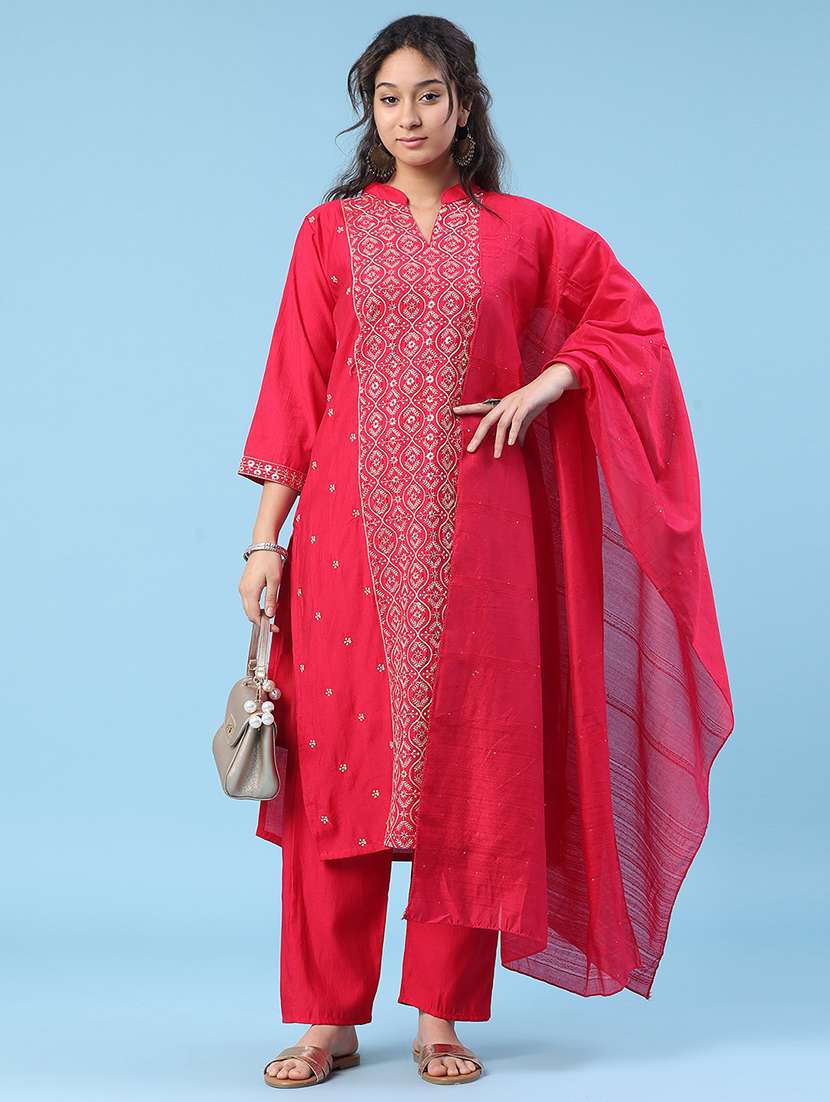 women embroidered three quarter sleeve kurta pant with dupatta set - 22338453 -  Standard Image - 2