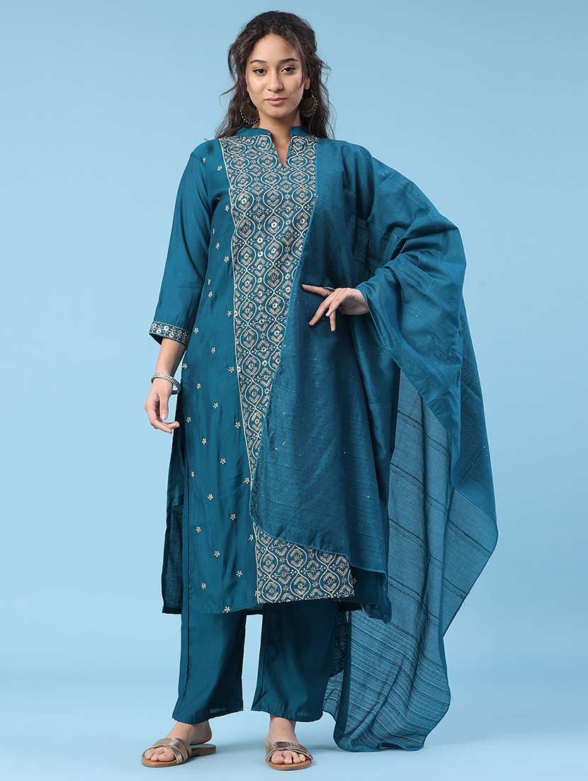 women embroidered three quarter sleeve kurta pant with dupatta set - 22338455 -  Standard Image - 2