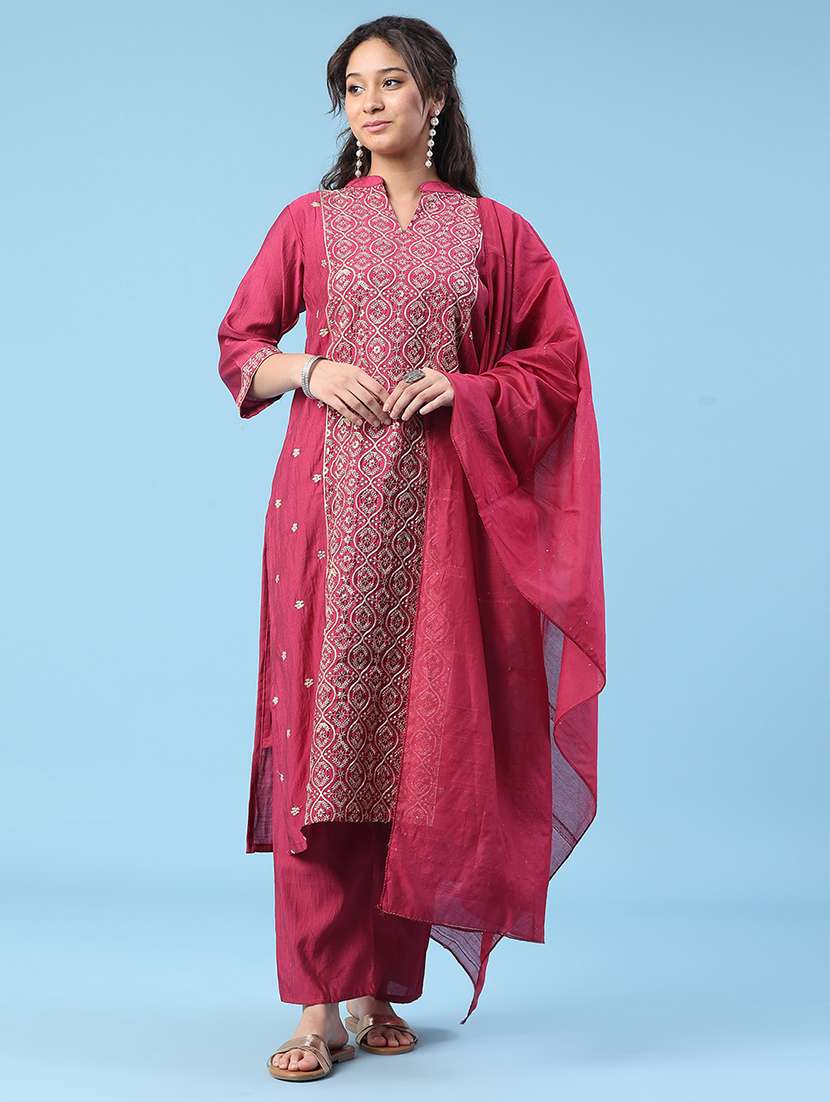women embroidered three quarter sleeve kurta pant with dupatta set - 22338456 -  Standard Image - 2