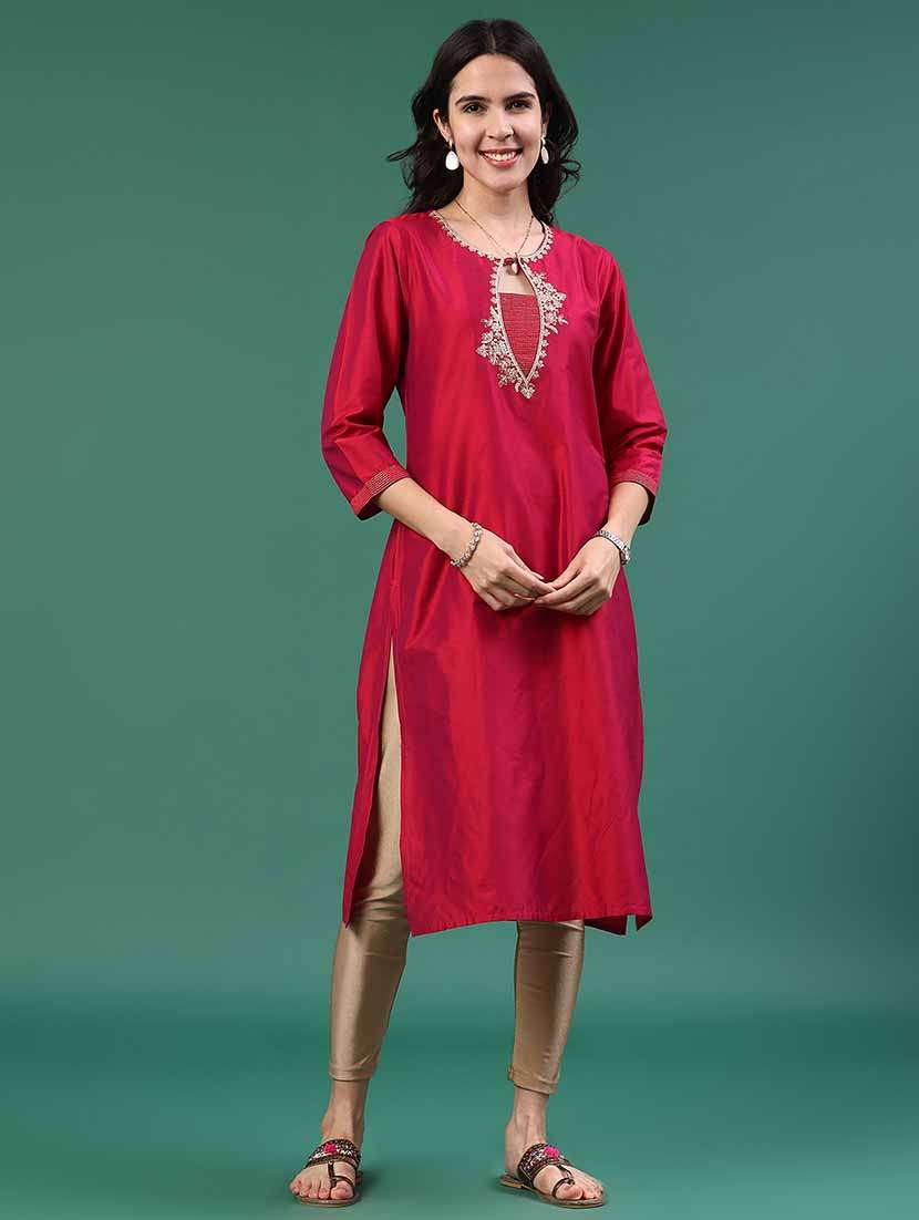 Women Embroidered Three Quarter Sleeve Straight Kurta - 22338759 -  Standard Image - 2