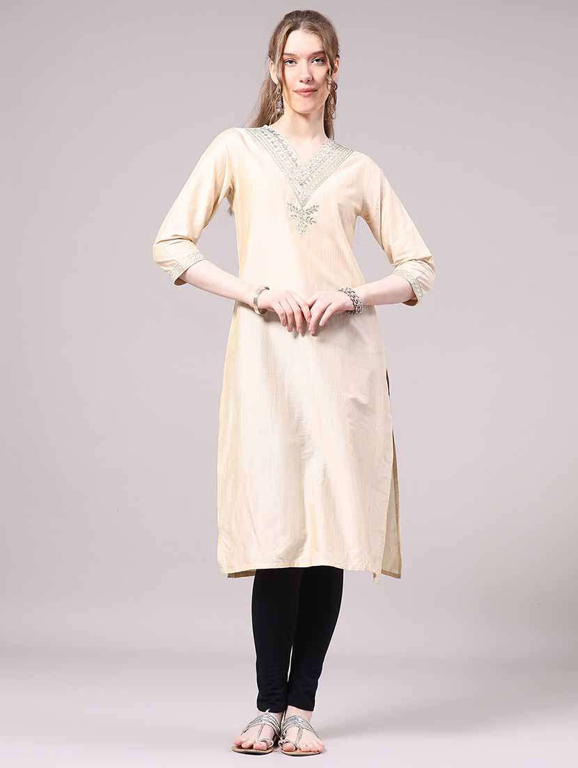 Women Embroidered Three Quarter Sleeve Straight Kurta - 22338760 -  Standard Image - 2