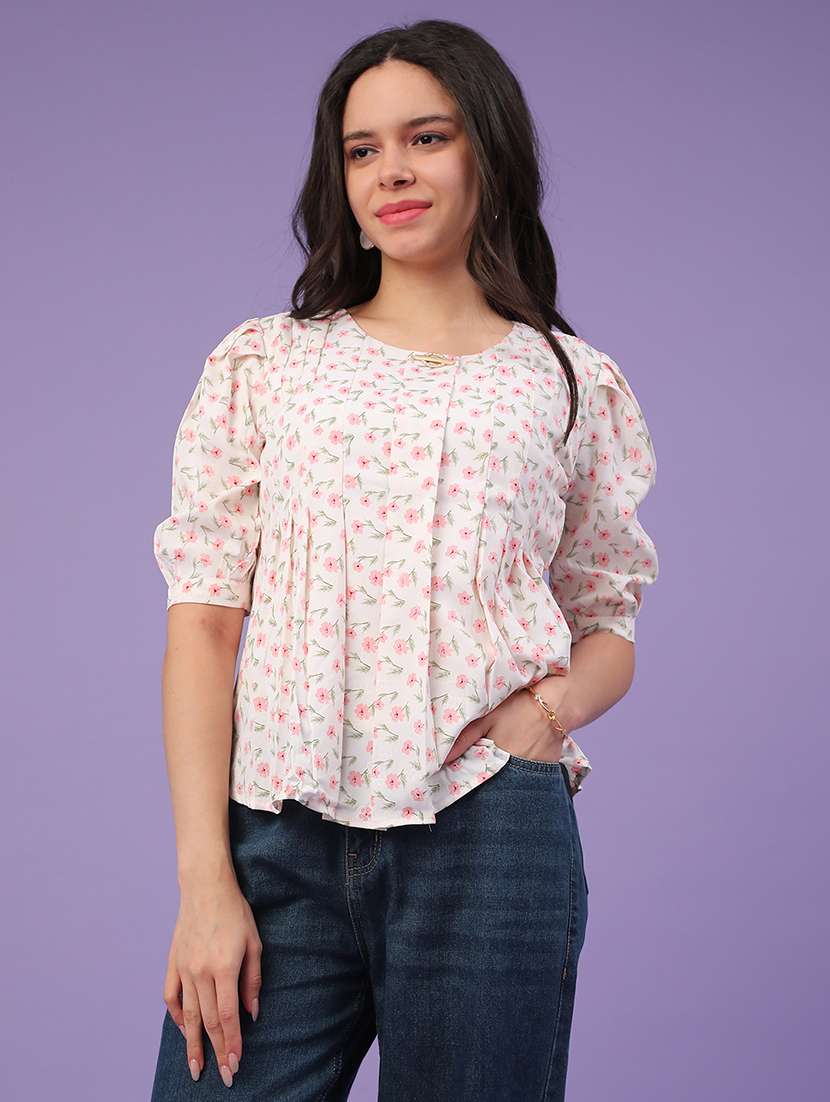 women printed round neck top