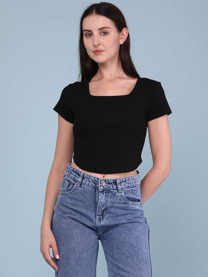 Women Solid Short Sleeves Crop T-shirt - 22338972 -  Standard Image - 2