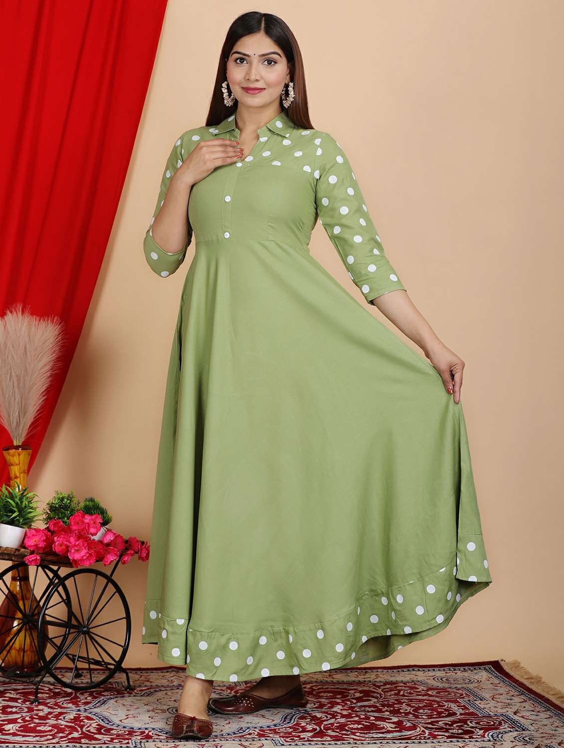 women polka dot three quarter sleeve flared kurta - 22339262 -  Standard Image - 2