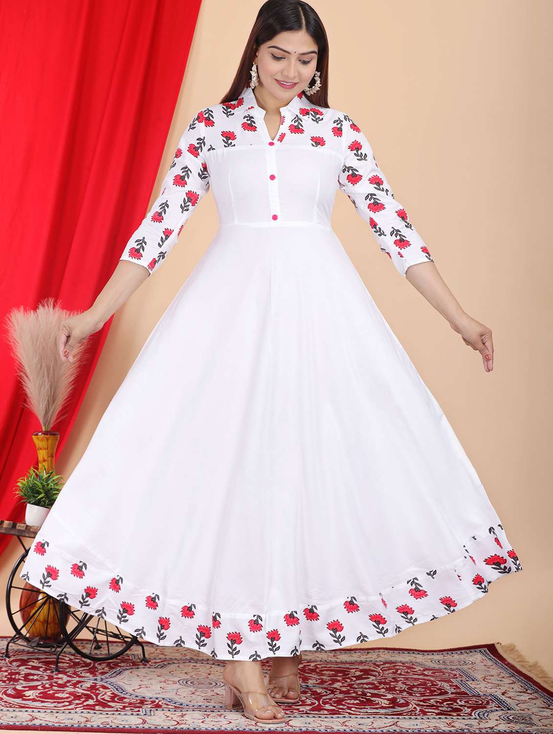 women floral three quarter sleeve flared kurta