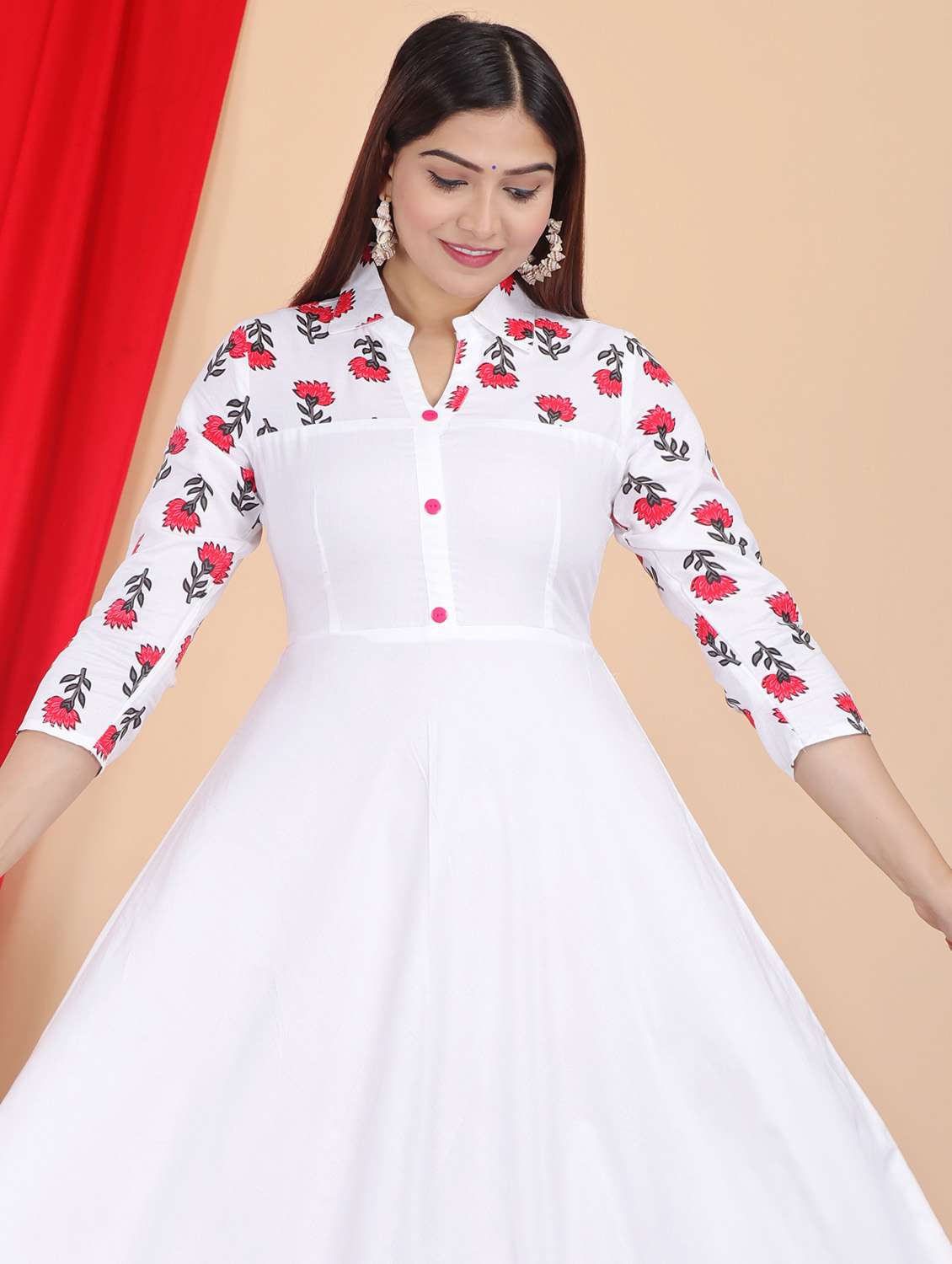 women floral three quarter sleeve flared kurta - 22339264 -  Standard Image - 2