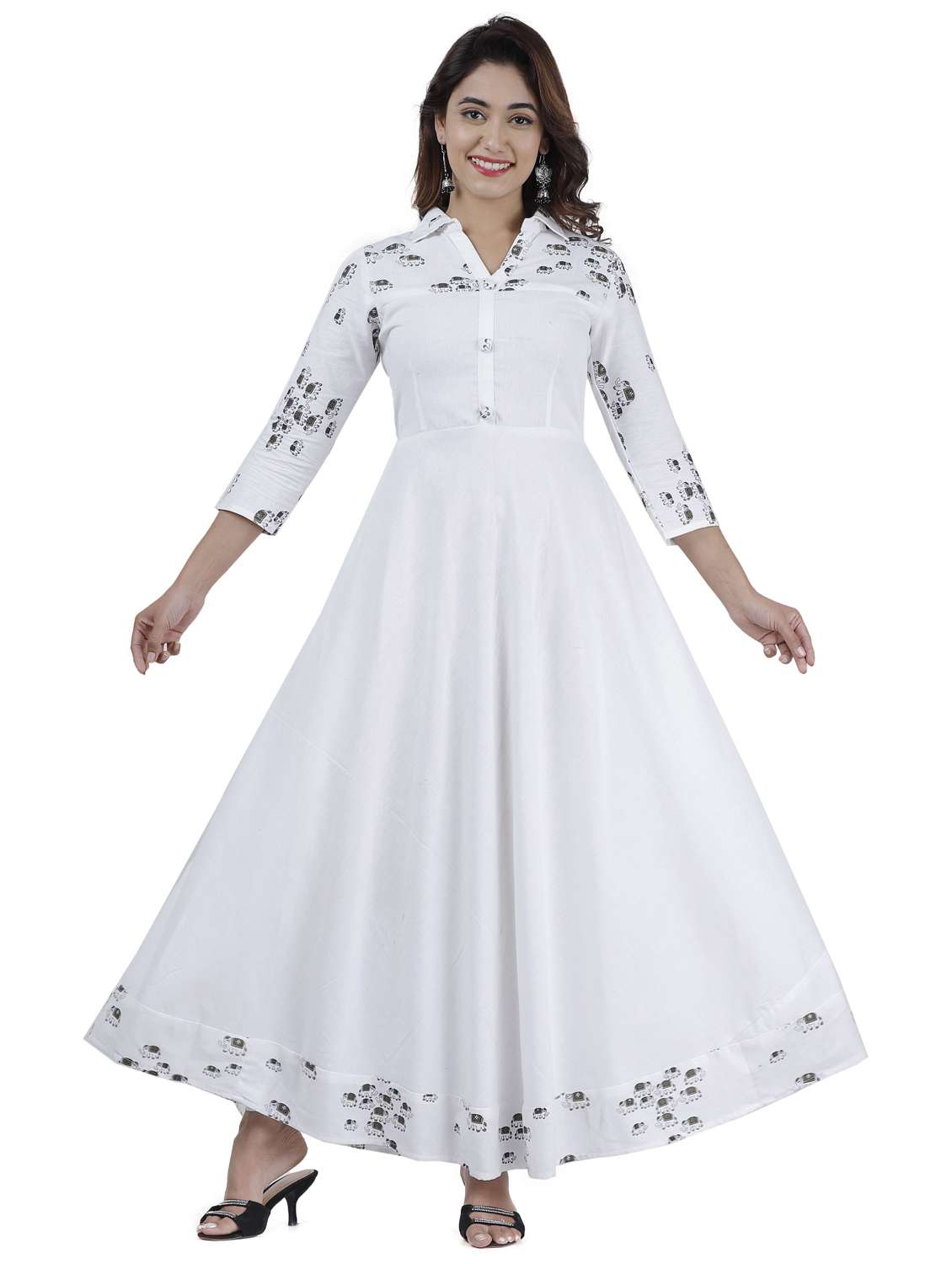 women printed three quarter sleeve flared kurta