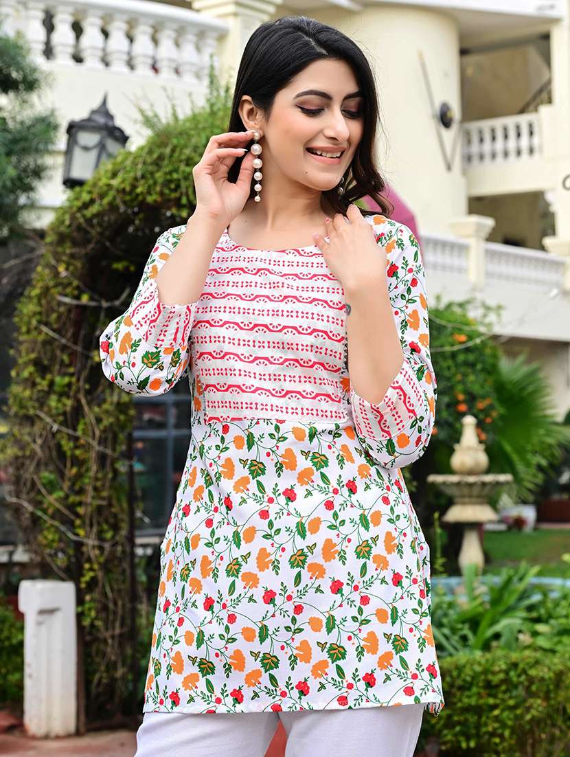 women floral printed three quarter sleeve straight kurti