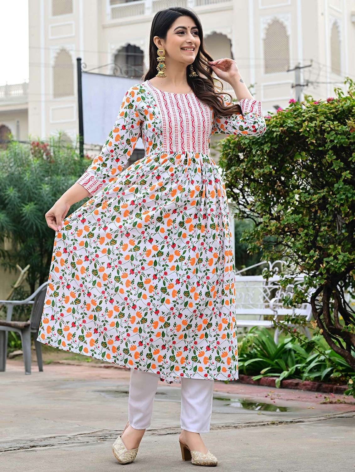 women floral three quarter sleeve a-line kurta - 22339286 -  Standard Image - 2
